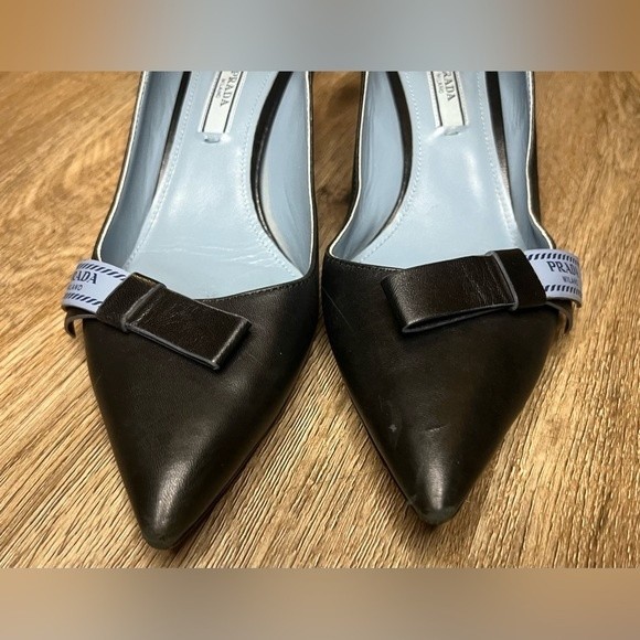 Prada Black Leather Logo Bow Kitten Heel Pumps Size 36 Blue Size 6 - Picture 3 of 9